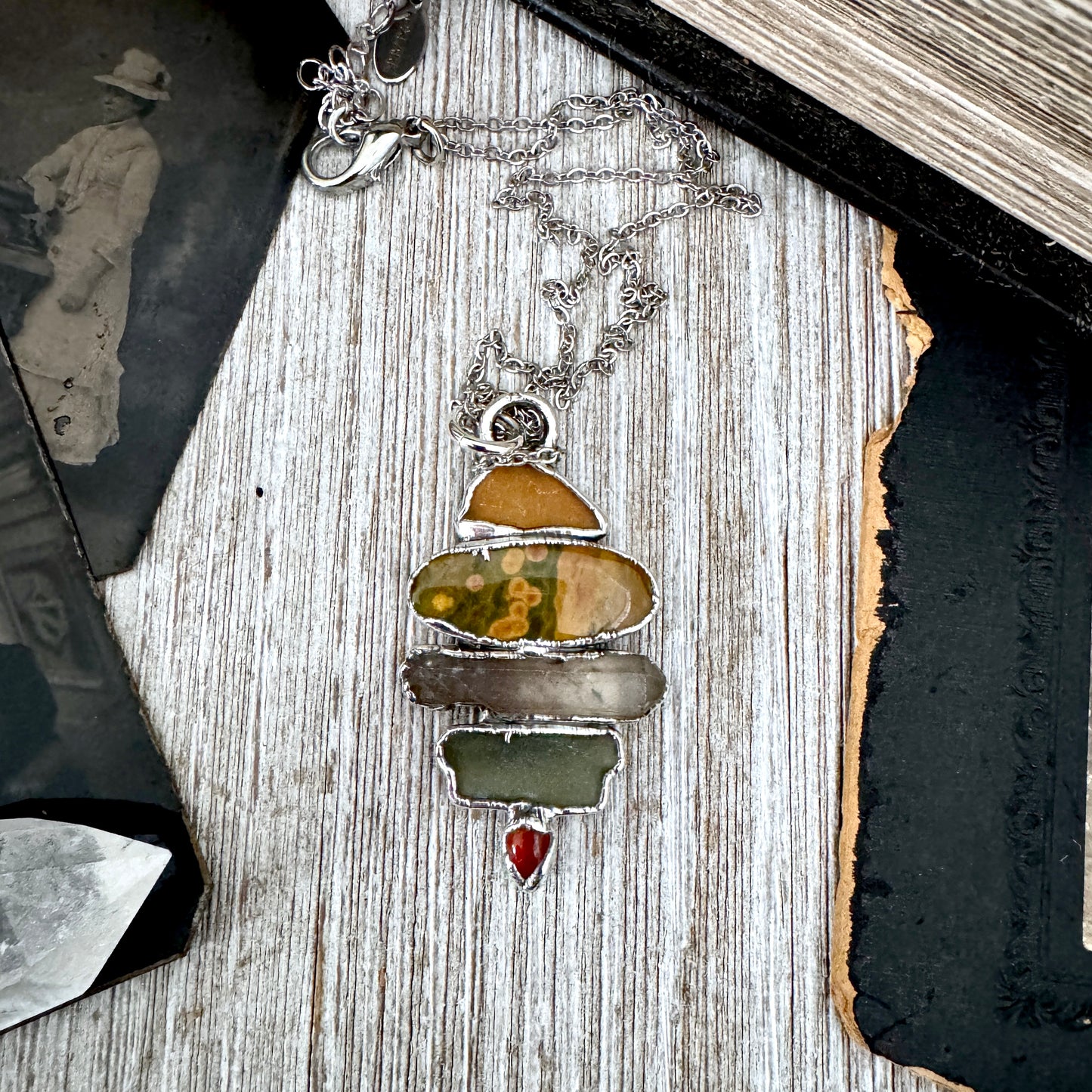 Multi Stone Sea Glass Jasper Smoky Quartz Carnelian Crystal Necklace Fine Silver / Foxlark Collection
