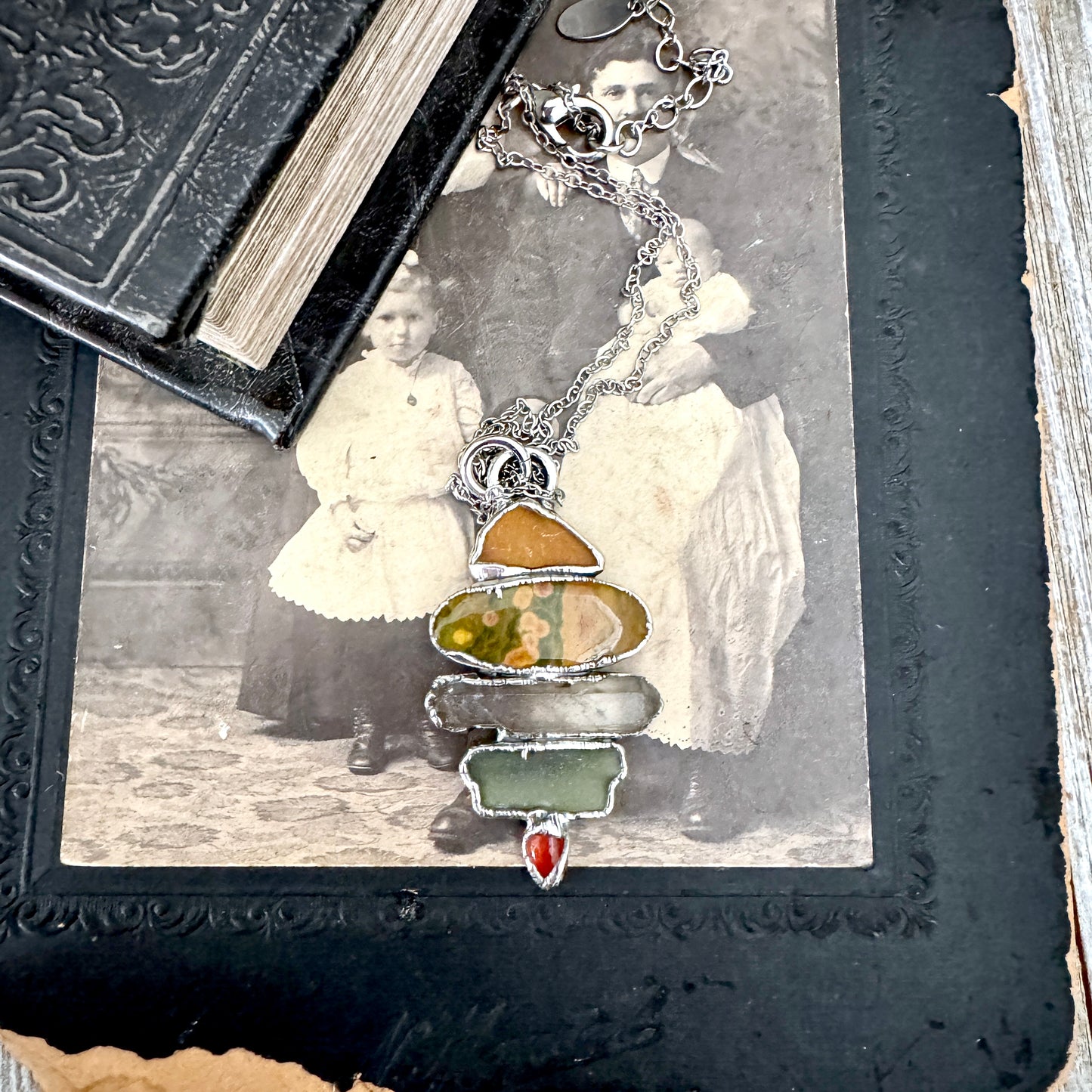 Multi Stone Sea Glass Jasper Smoky Quartz Carnelian Crystal Necklace Fine Silver / Foxlark Collection