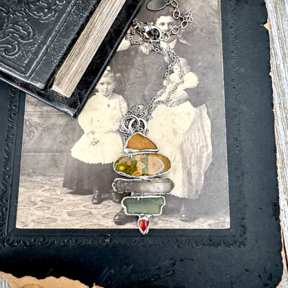 Multi Stone Sea Glass Jasper Smoky Quartz Carnelian Crystal Necklace Fine Silver / Foxlark Collection