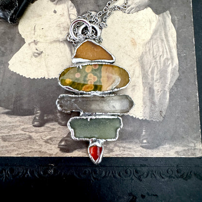 Multi Stone Sea Glass Jasper Smoky Quartz Carnelian Crystal Necklace Fine Silver / Foxlark Collection