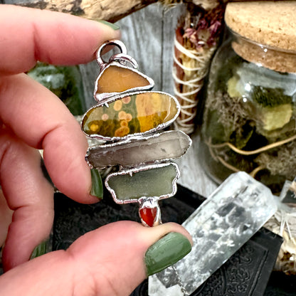 Multi Stone Sea Glass Jasper Smoky Quartz Carnelian Crystal Necklace Fine Silver / Foxlark Collection
