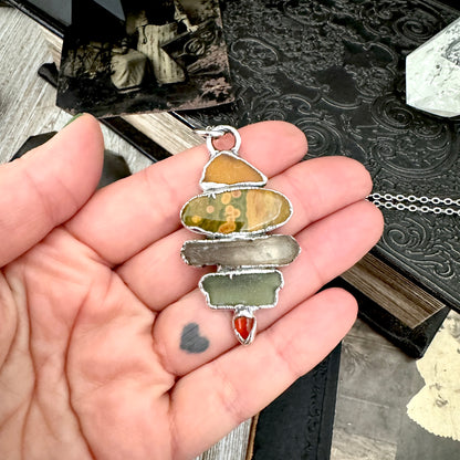 Multi Stone Sea Glass Jasper Smoky Quartz Carnelian Crystal Necklace Fine Silver / Foxlark Collection