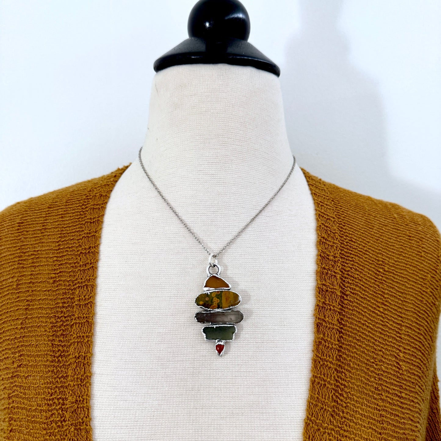 Multi Stone Sea Glass Jasper Smoky Quartz Carnelian Crystal Necklace Fine Silver / Foxlark Collection