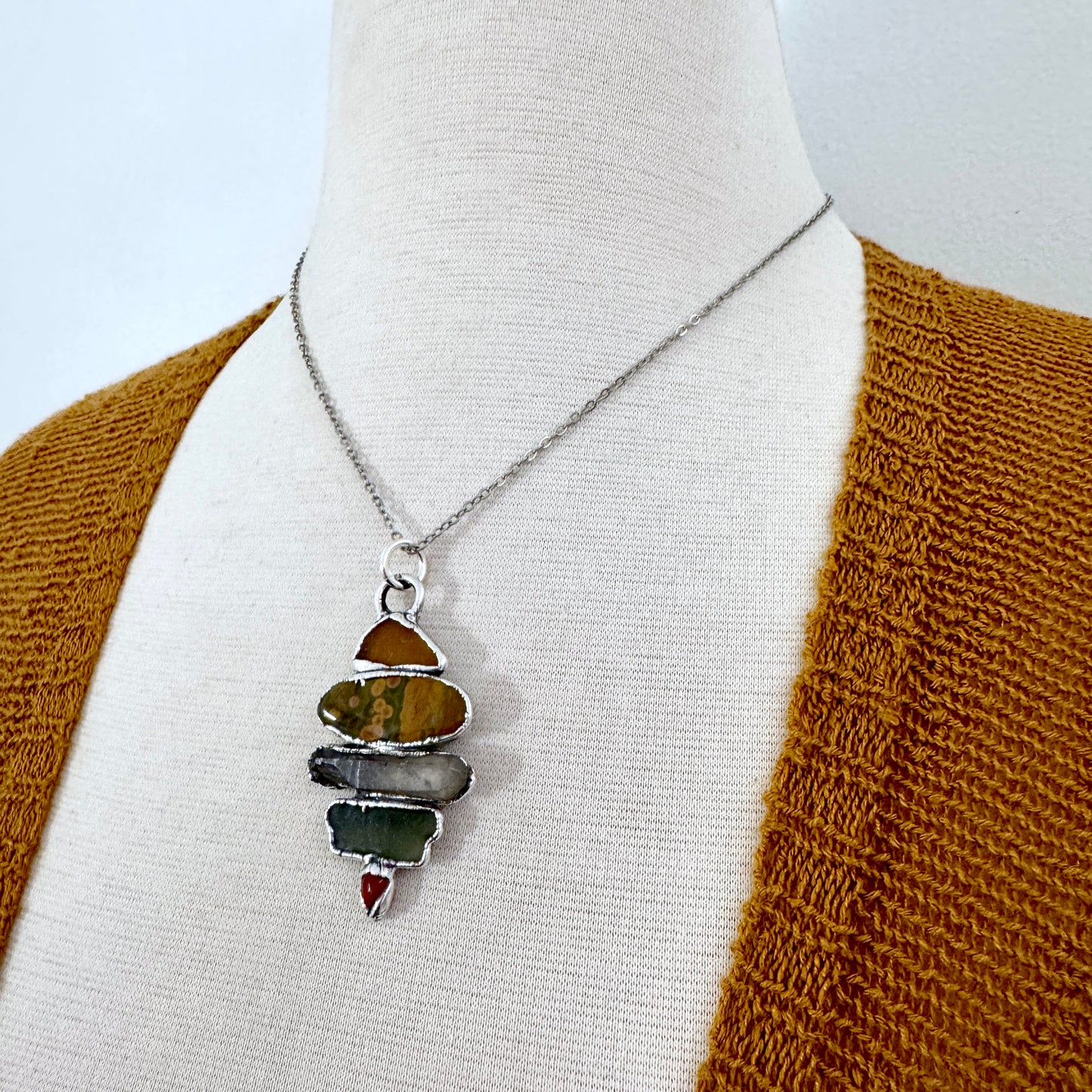 Multi Stone Sea Glass Jasper Smoky Quartz Carnelian Crystal Necklace Fine Silver / Foxlark Collection