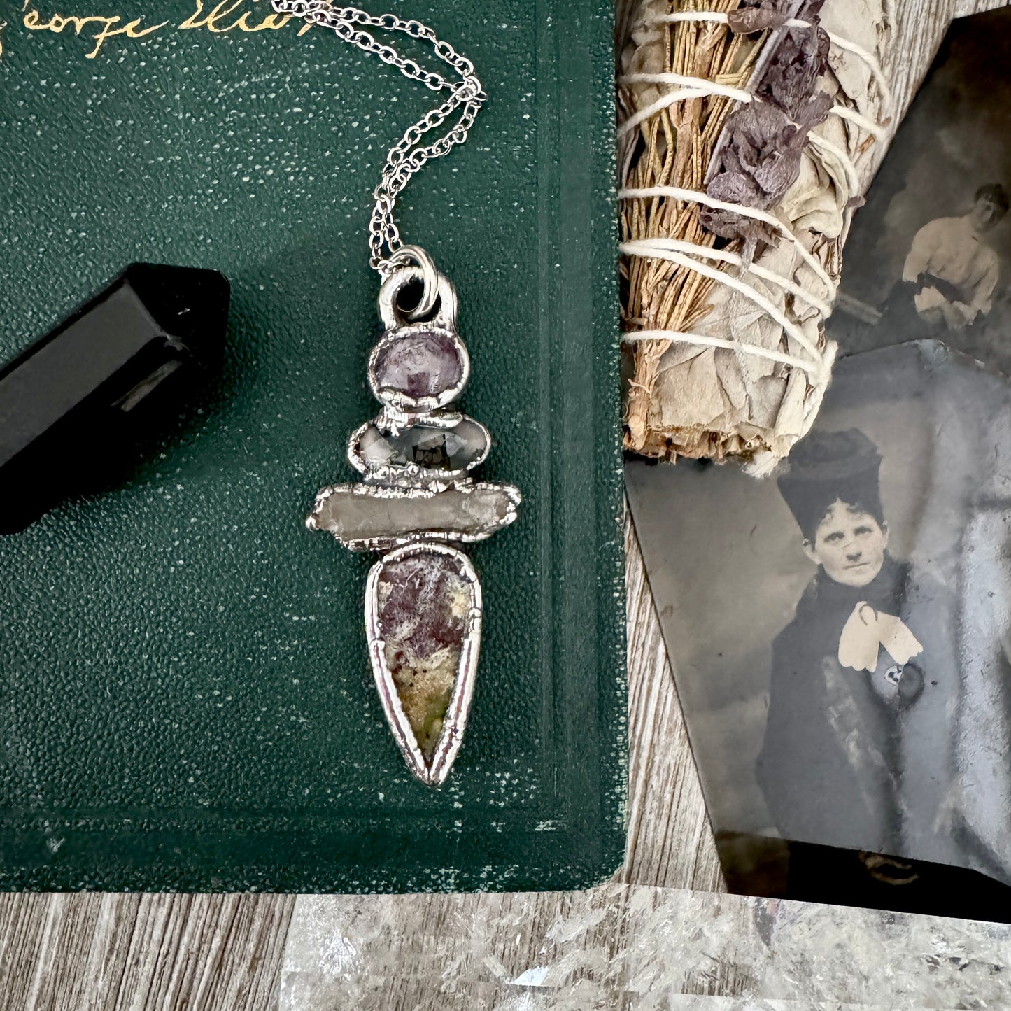 Multi Stone Star Ruby Moss Agate Clear Quartz Jasper Crystal Necklace Fine Silver / Foxlark Collection