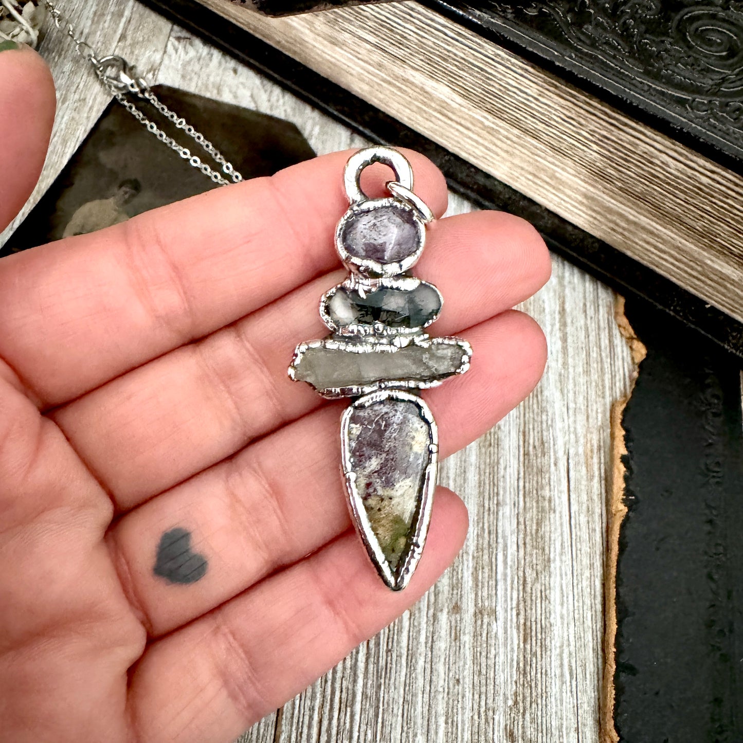 Multi Stone Star Ruby Moss Agate Clear Quartz Jasper Crystal Necklace Fine Silver / Foxlark Collection