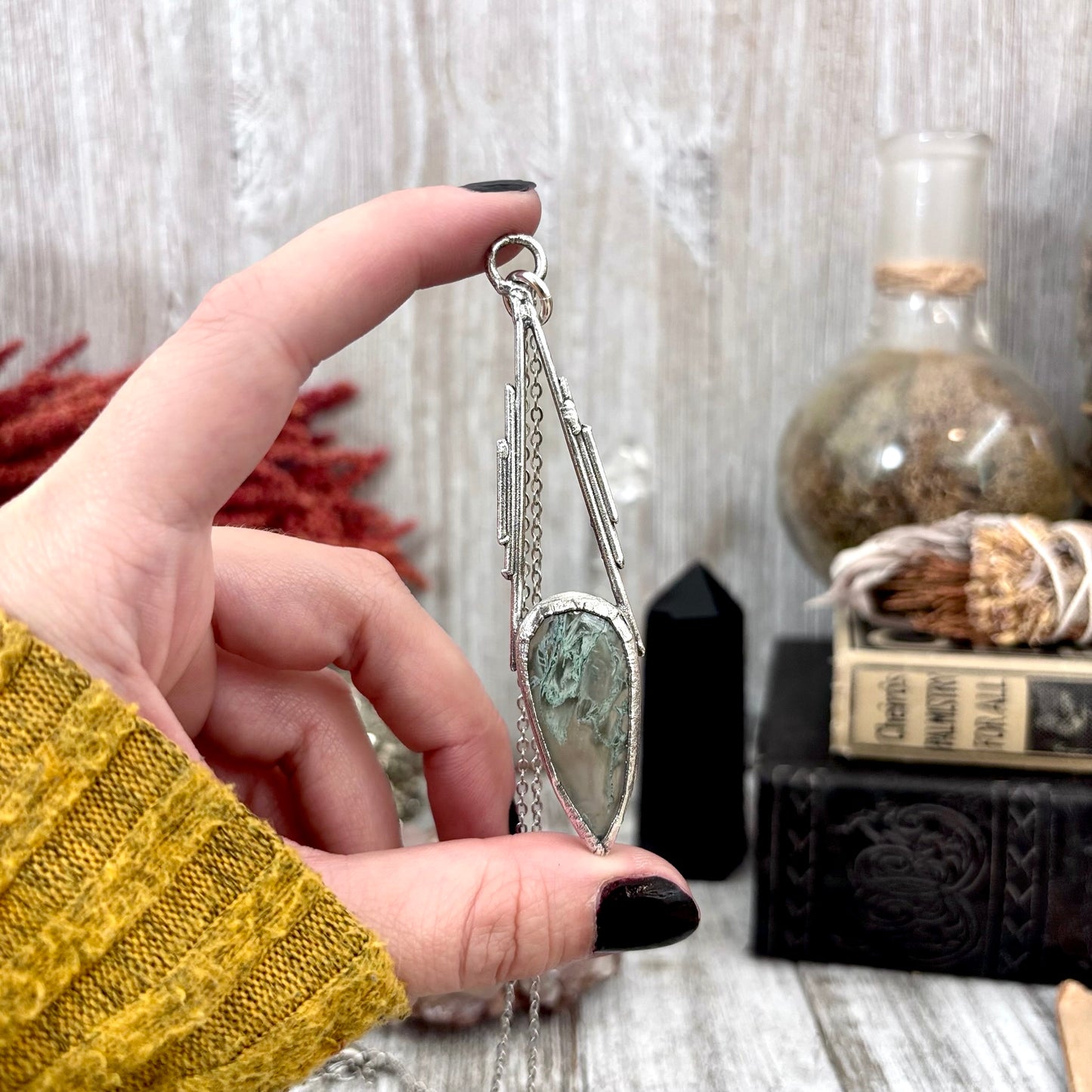 Moss Agate Crystal Necklace in Fine Silver / Foxlark Collection - One of a Kind