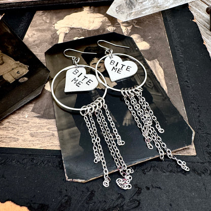 Hand Stamped BITE ME Fringe Heart Earrings