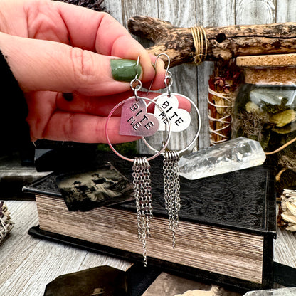 Hand Stamped BITE ME Fringe Heart Earrings