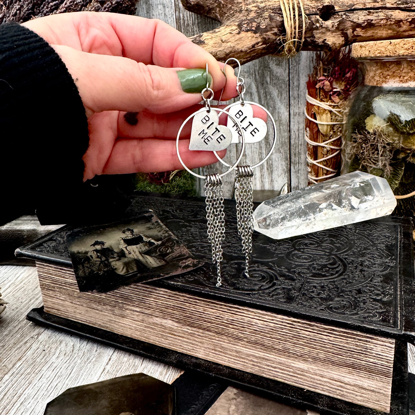 Hand Stamped BITE ME Fringe Heart Earrings