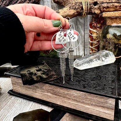 Hand Stamped BITE ME Fringe Heart Earrings