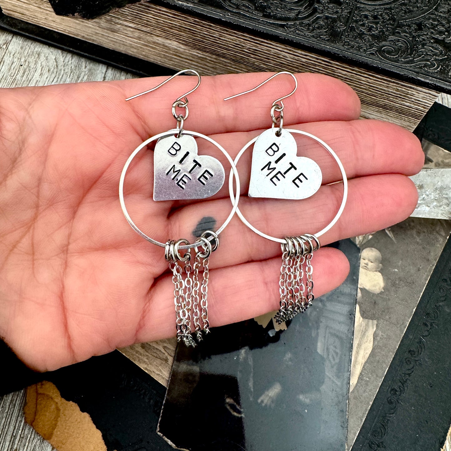Hand Stamped BITE ME Fringe Heart Earrings