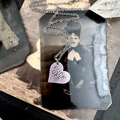 Hand Stamped FUCK OFF  Heart Necklace