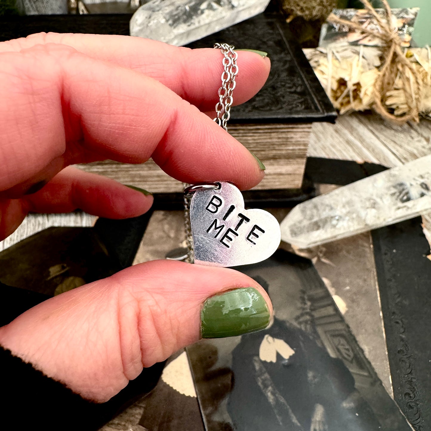 Hand Stamped BITE ME Heart Necklace