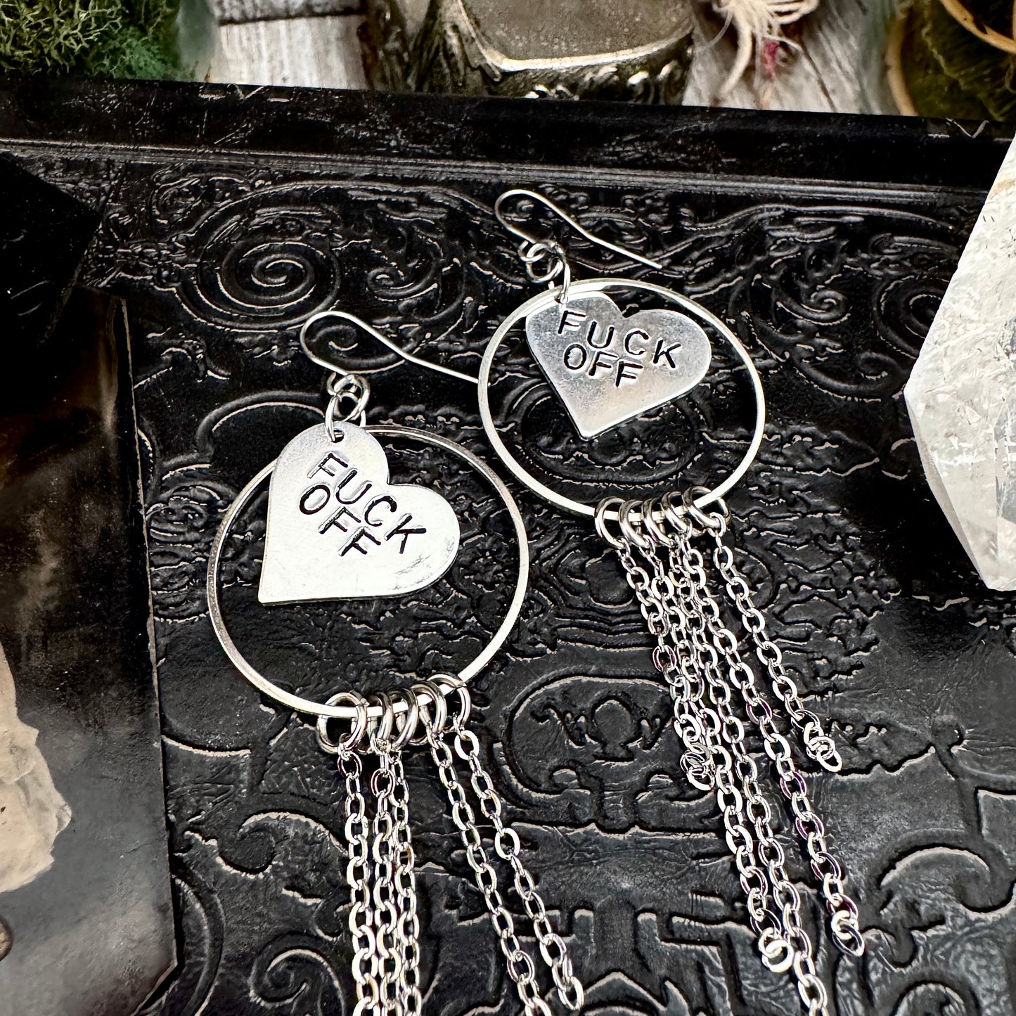 Hand Stamped FUCK OFF Fringe Heart Earrings