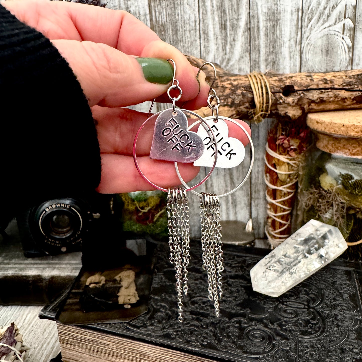 Hand Stamped FUCK OFF Fringe Heart Earrings