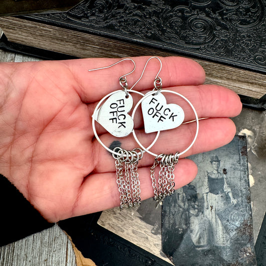 Hand Stamped FUCK OFF Fringe Heart Earrings