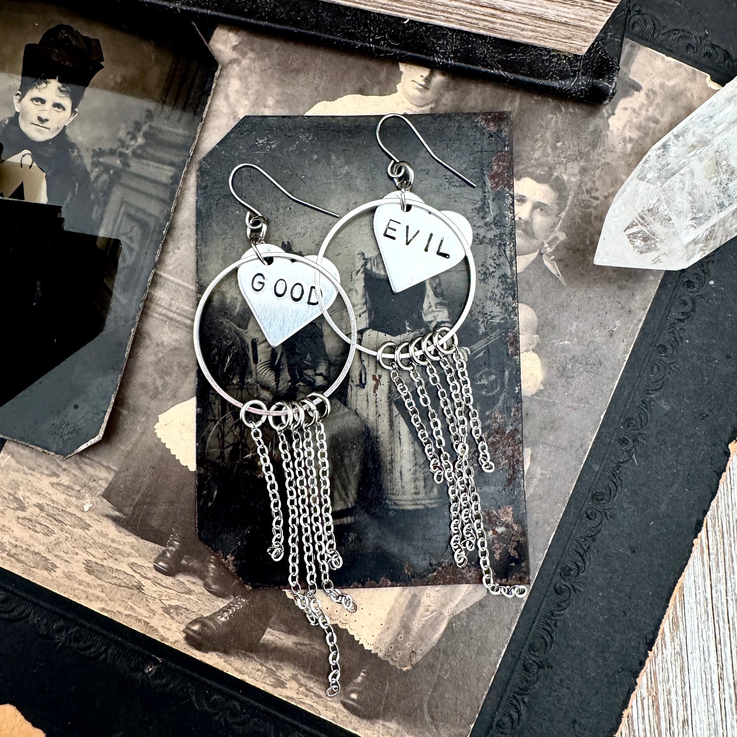 Hand Stamped GOOD EVIL Fringe Heart Earrings