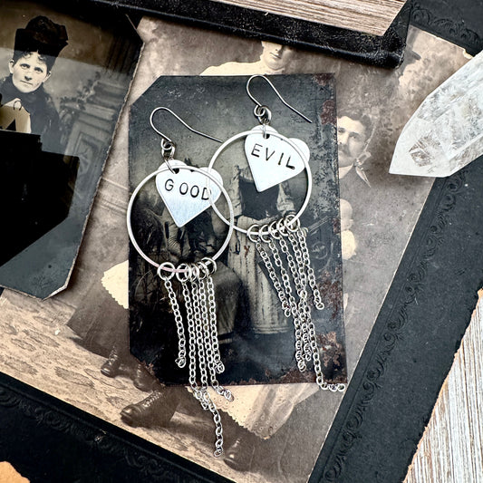 Hand Stamped GOOD EVIL Fringe Heart Earrings