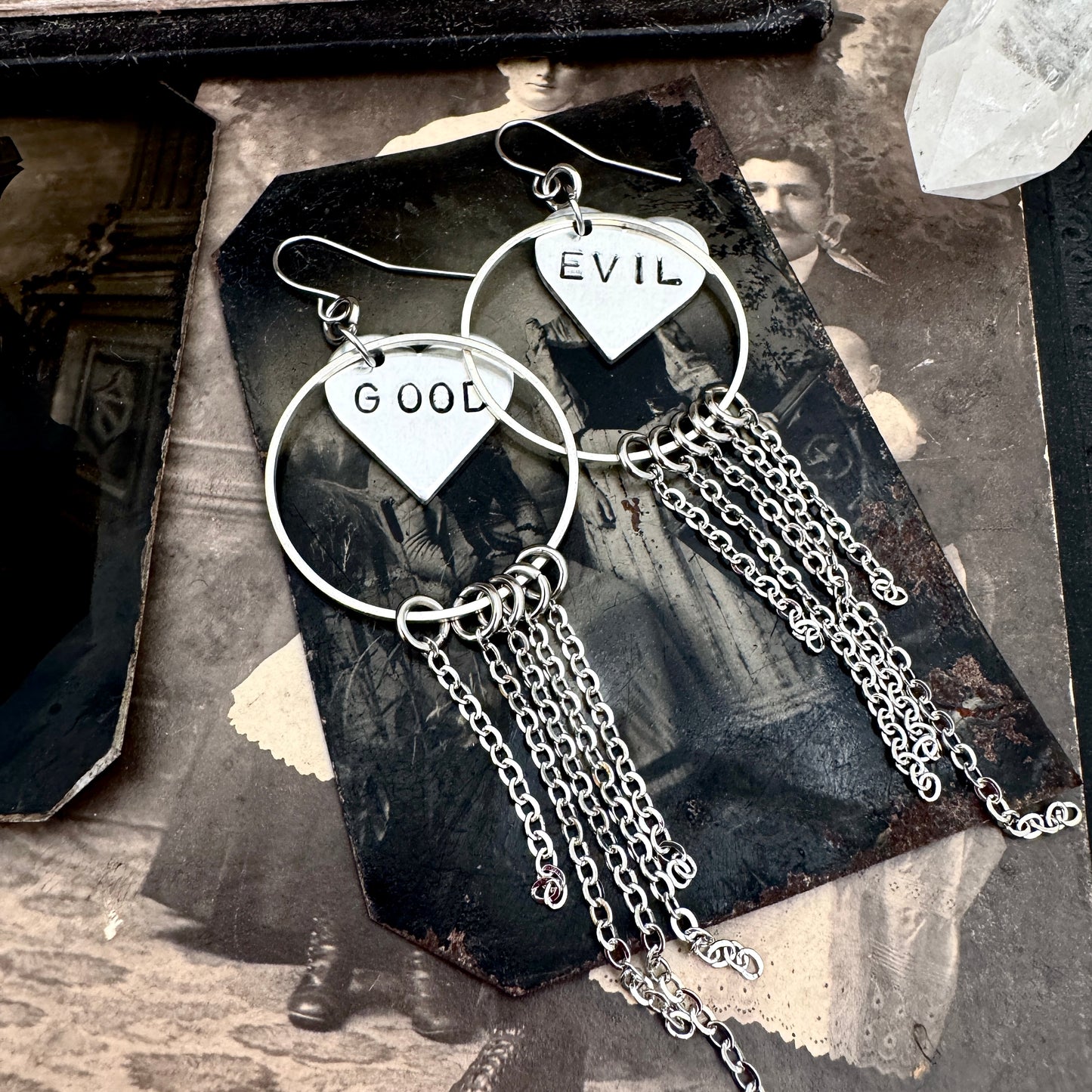 Hand Stamped GOOD EVIL Fringe Heart Earrings