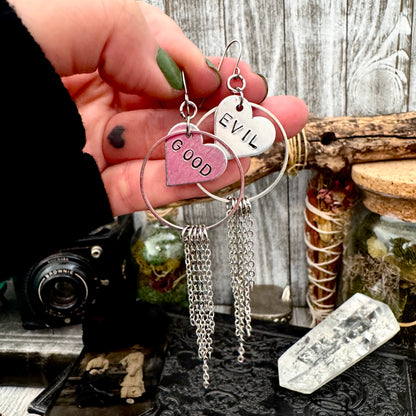 Hand Stamped GOOD EVIL Fringe Heart Earrings