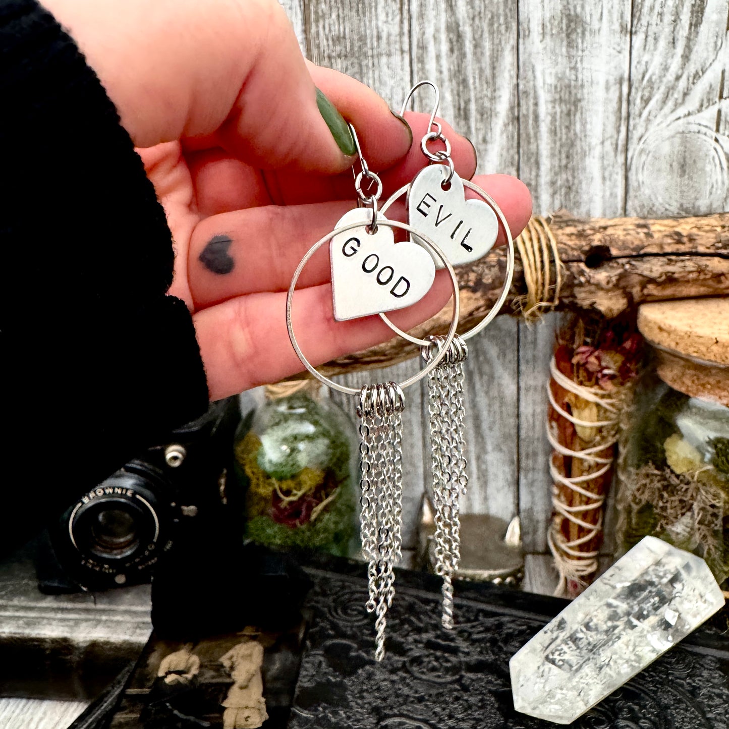 Hand Stamped GOOD EVIL Fringe Heart Earrings