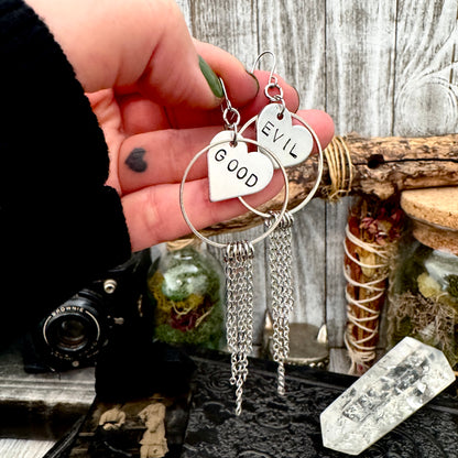 Hand Stamped GOOD EVIL Fringe Heart Earrings