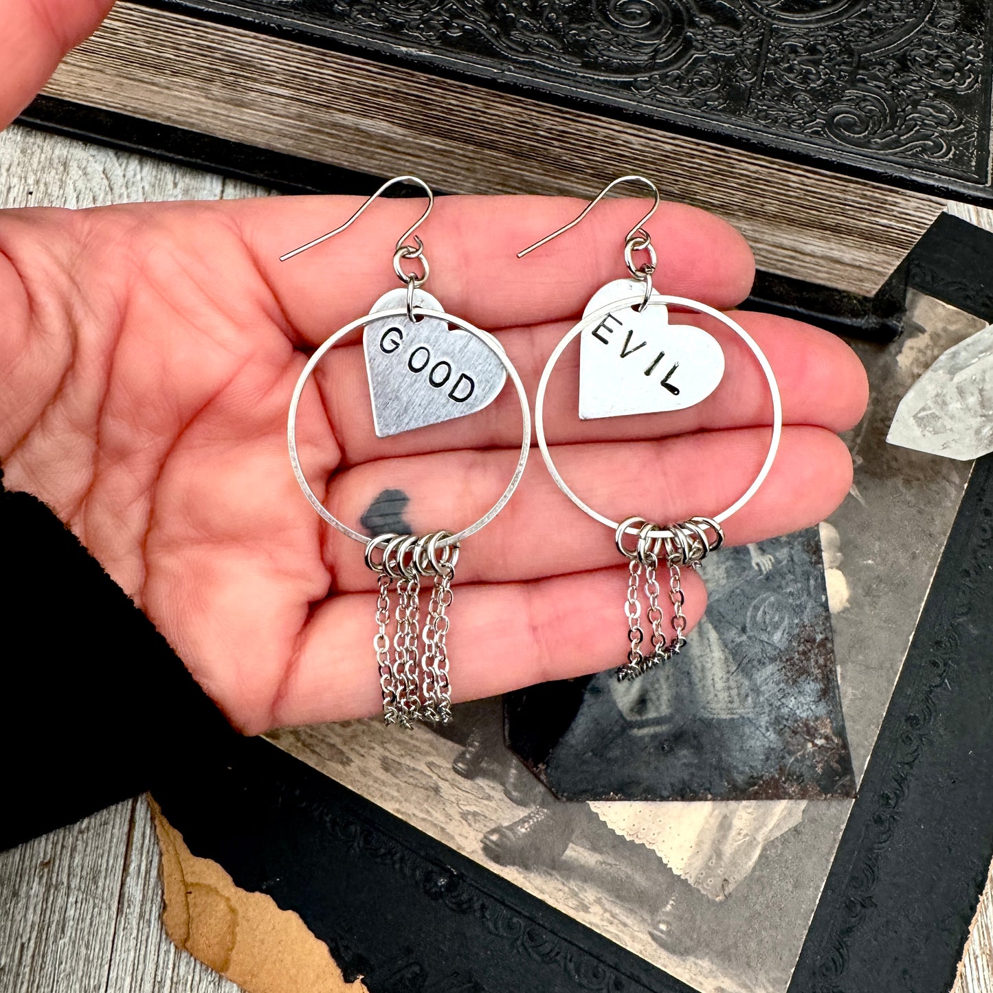 Hand Stamped GOOD EVIL Fringe Heart Earrings