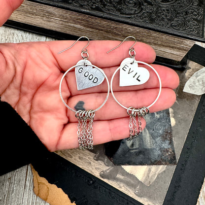 Hand Stamped GOOD EVIL Fringe Heart Earrings