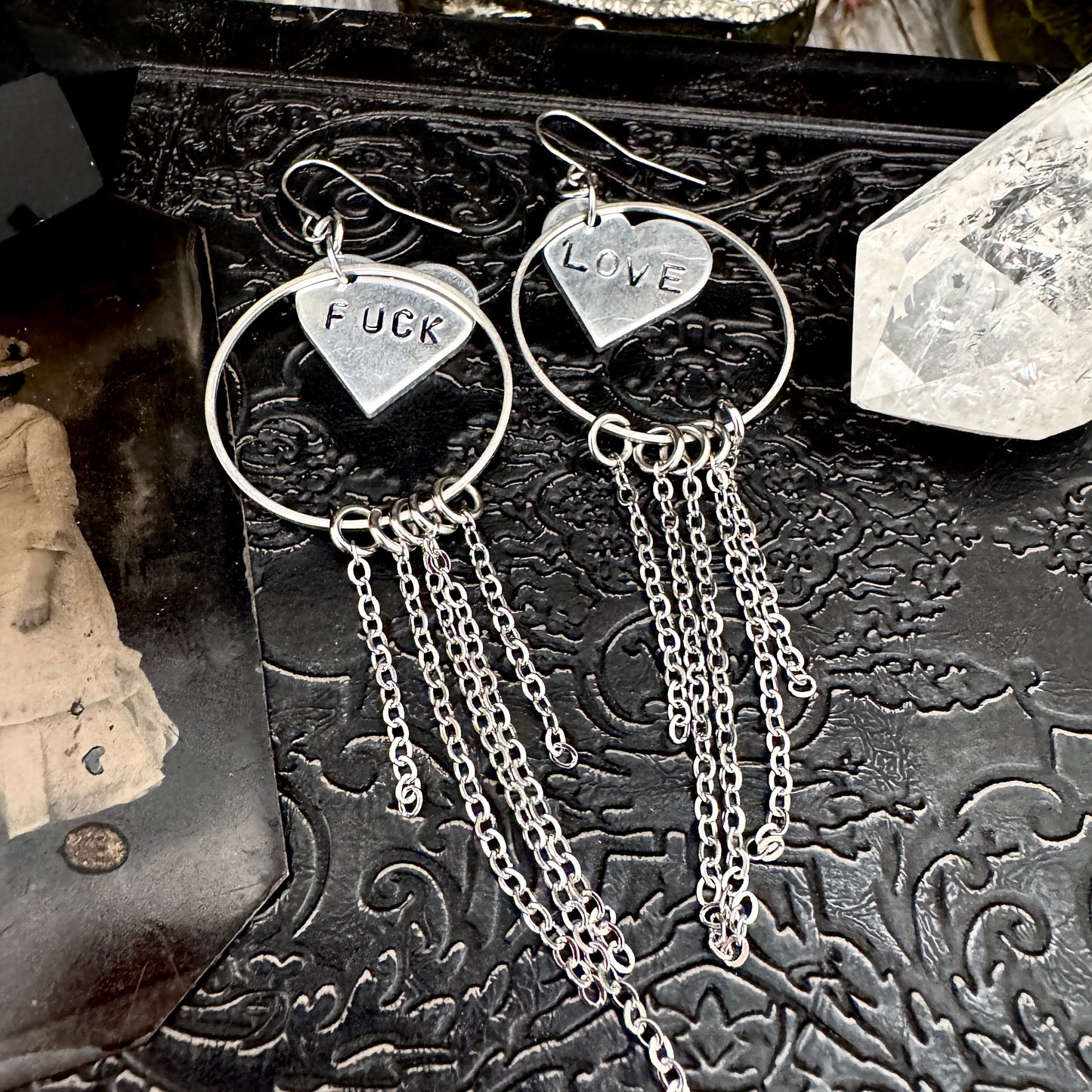 Hand Stamped FUCK LOVE Fringe Heart Earrings