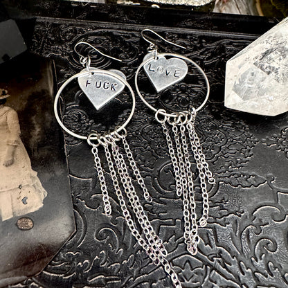 Hand Stamped FUCK LOVE Fringe Heart Earrings