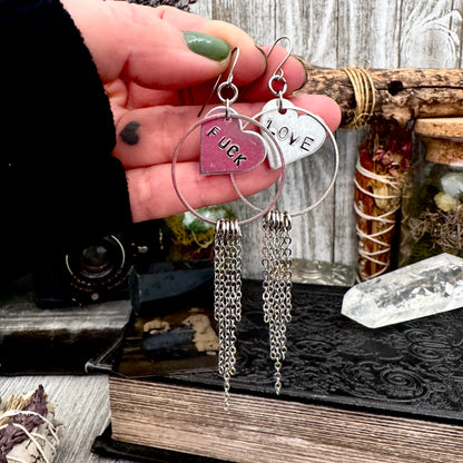 Hand Stamped FUCK LOVE Fringe Heart Earrings