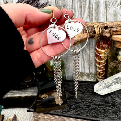 Hand Stamped FUCK LOVE Fringe Heart Earrings
