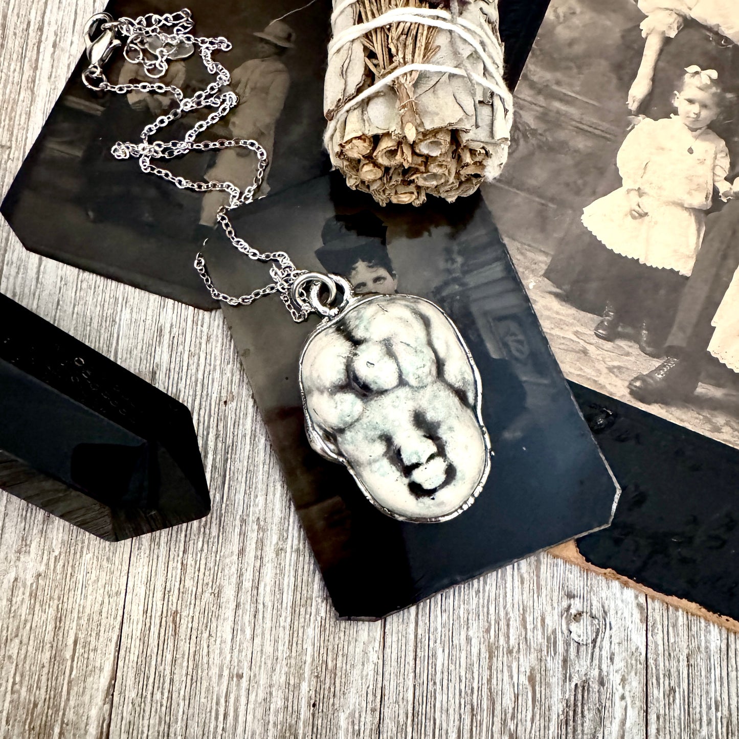 Ceramic Baby Doll Face Necklace Fine Silver / Foxlark Collection - One of a Kind