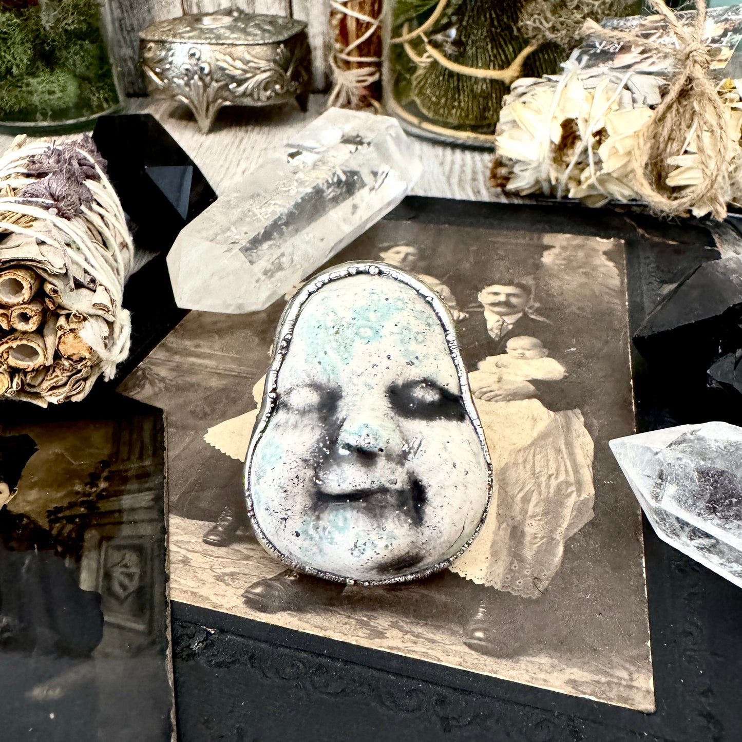 Ceramic Baby Doll Head Ring Fine Silver Size 9 / Foxlark Collection - One of a Kind