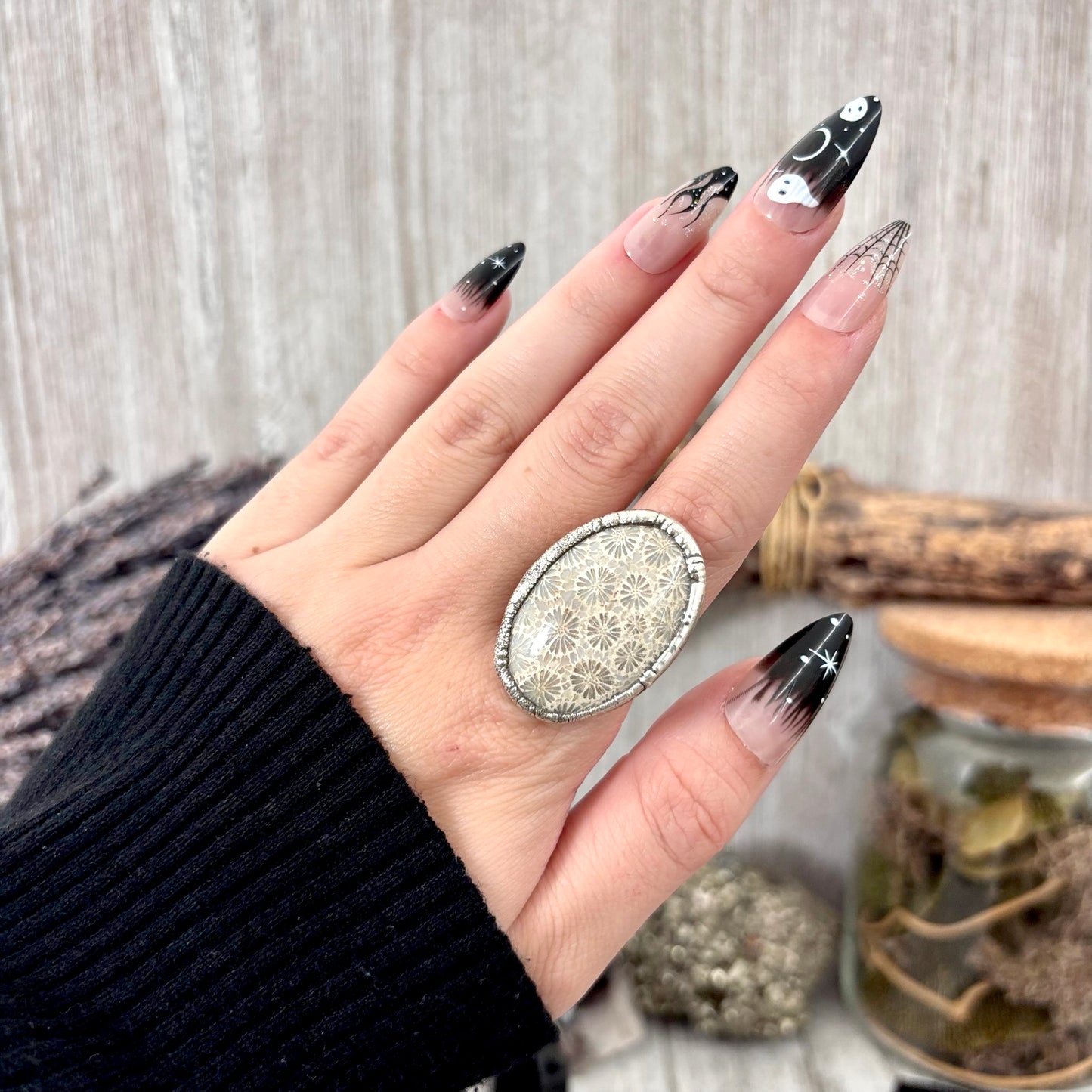 Fossilized Coral Crystal Ring Fine Silver Size 6.5 / Foxlark Collection - One of a Kind