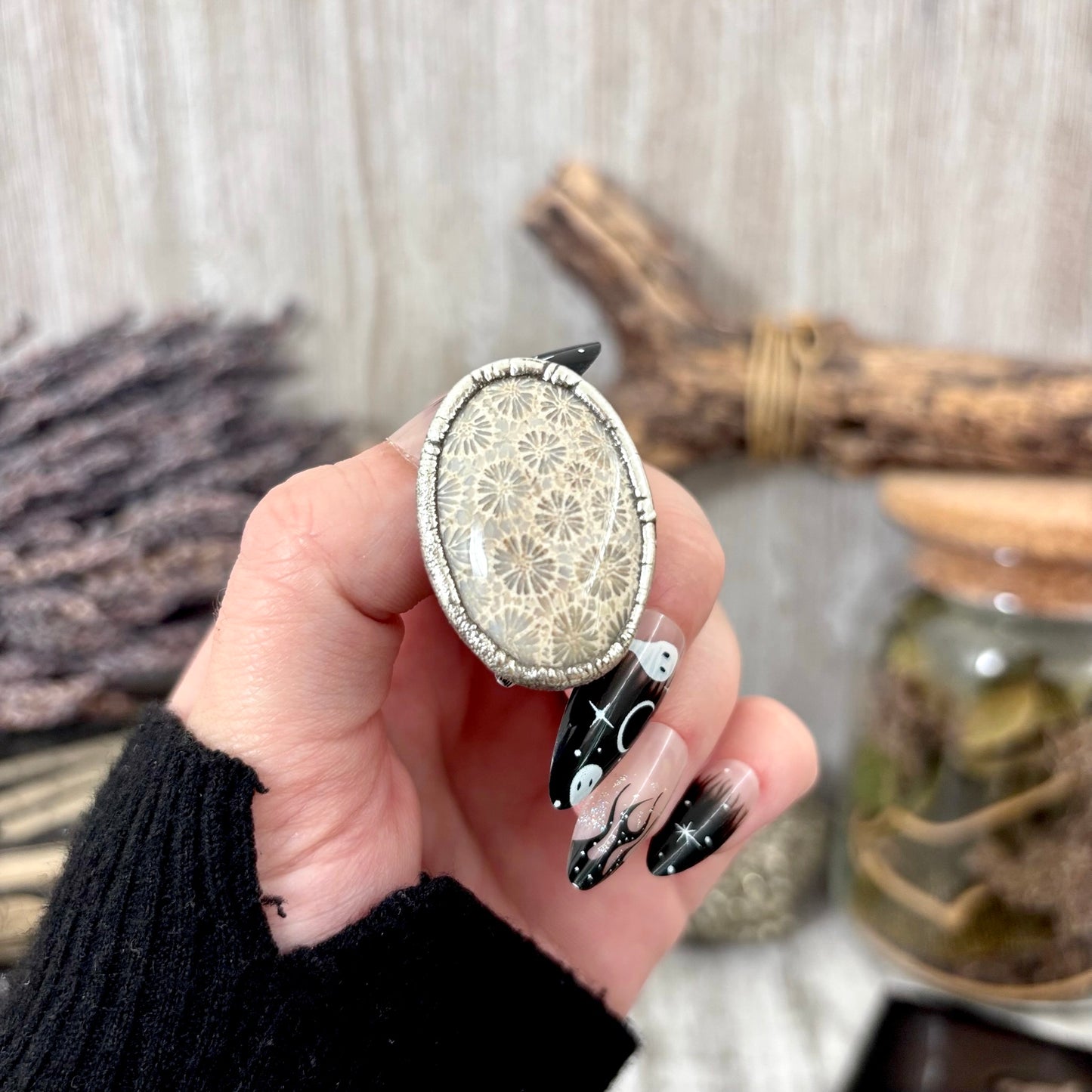 Fossilized Coral Crystal Ring Fine Silver Size 6.5 / Foxlark Collection - One of a Kind