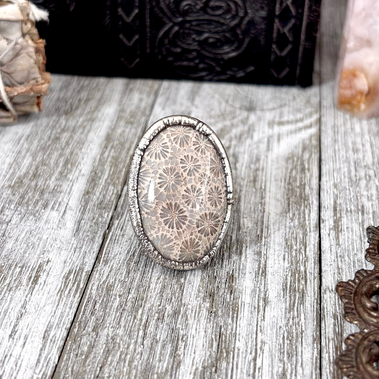 Fossilized Coral Crystal Ring Fine Silver Size 6.5 / Foxlark Collection - One of a Kind