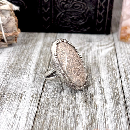 Fossilized Coral Crystal Ring Fine Silver Size 6.5 / Foxlark Collection - One of a Kind