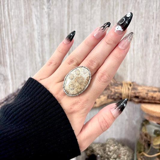 Fossilized Coral Crystal Ring Fine Silver Size 9 / Foxlark Collection - One of a Kind