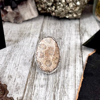 Fossilized Coral Crystal Ring Fine Silver Size 9 / Foxlark Collection - One of a Kind