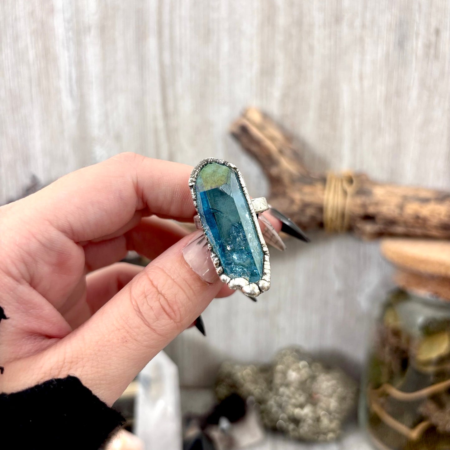 Aqua Aura Quartz Crystal Ring Set in Fine Silver Size 9 / Foxlark Collection - One of a Kind