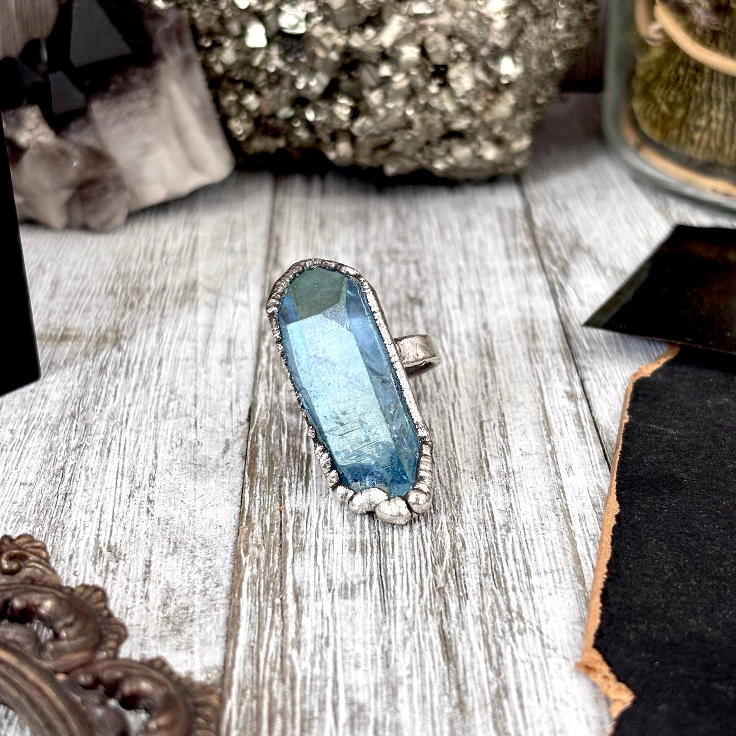 Aqua Aura Quartz Crystal Ring Set in Fine Silver Size 9 / Foxlark Collection - One of a Kind