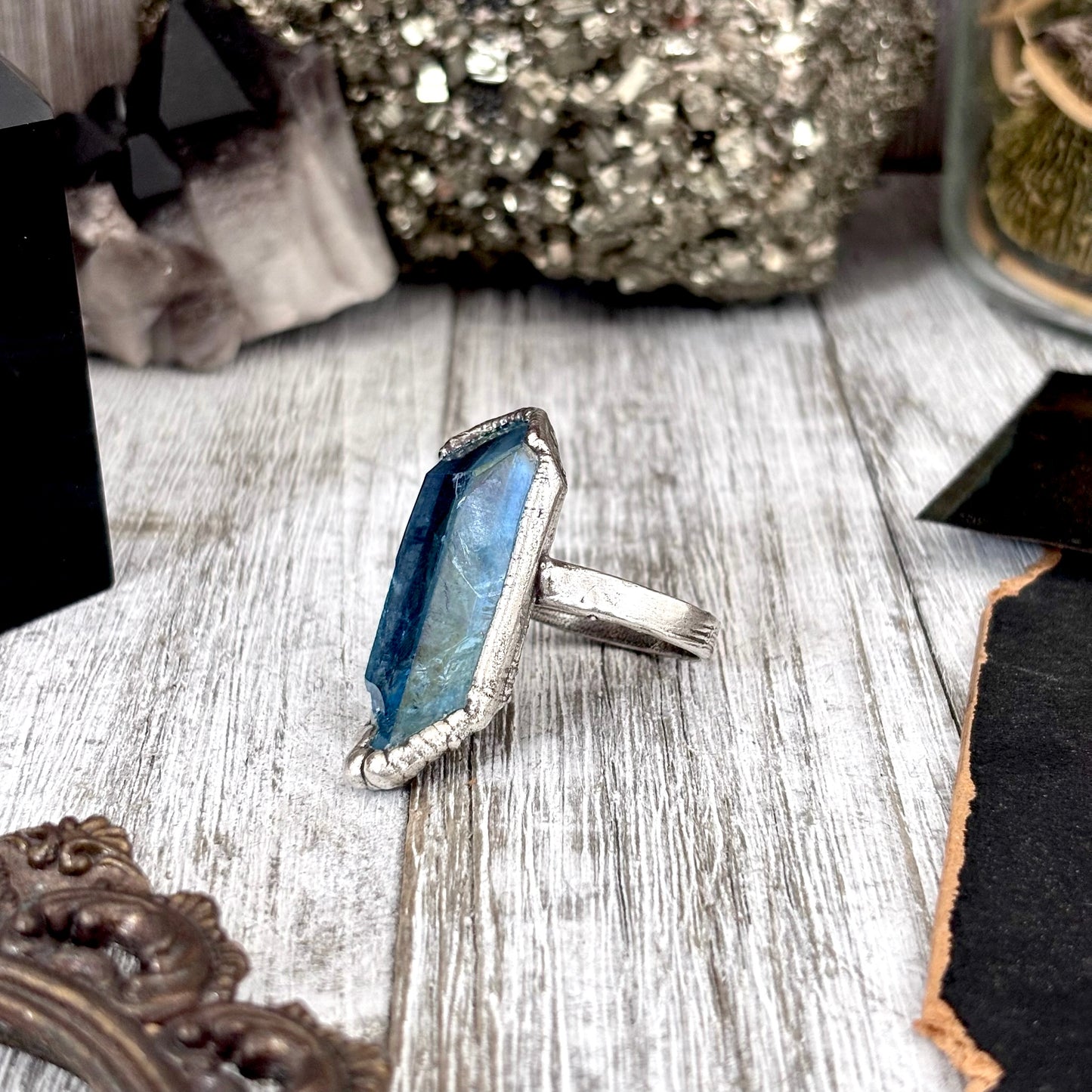 Aqua Aura Quartz Crystal Ring Set in Fine Silver Size 9 / Foxlark Collection - One of a Kind