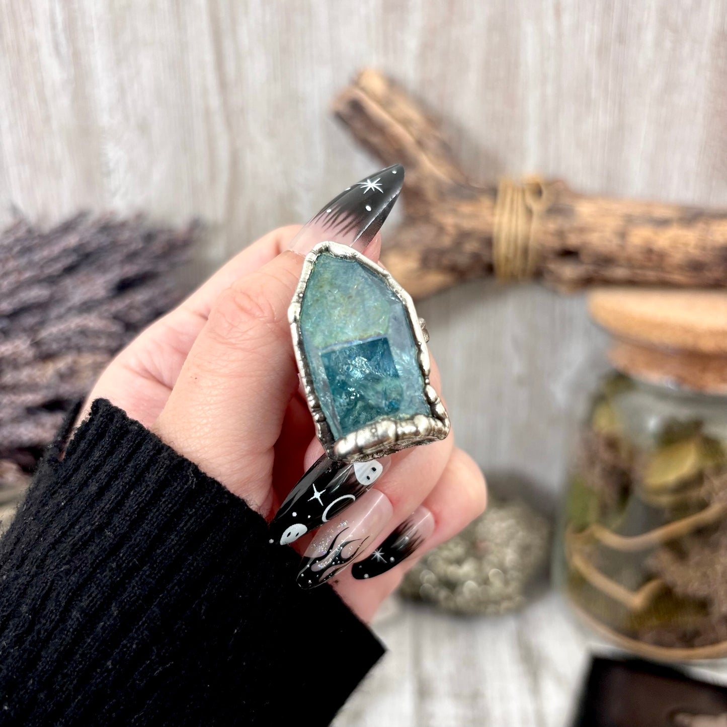 Aqua Aura Quartz Crystal Ring Set in Fine Silver Size 7.5 / Foxlark Collection - One of a Kind