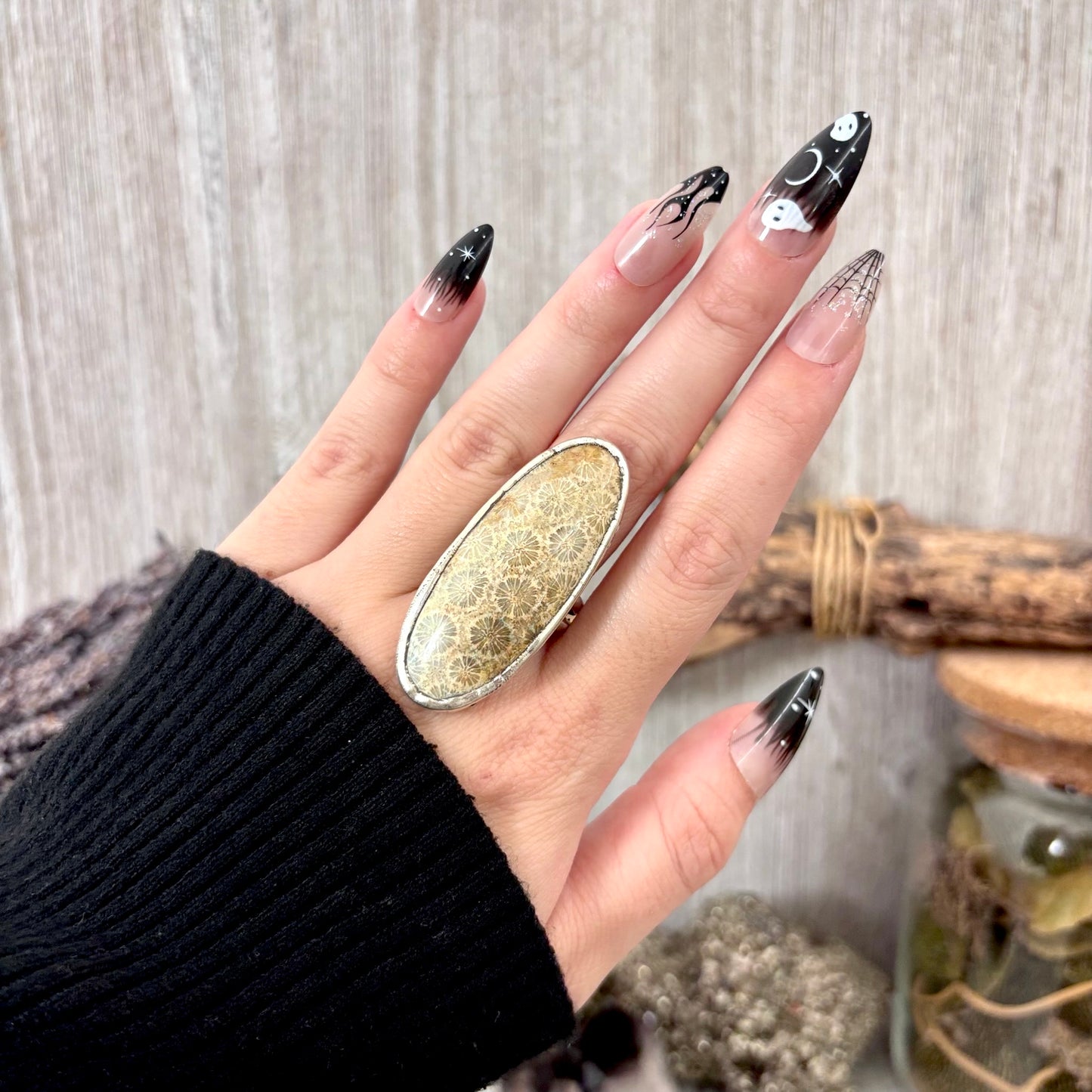 Fossilized Coral Crystal Ring Fine Silver Size 9 / Foxlark Collection - One of a Kind