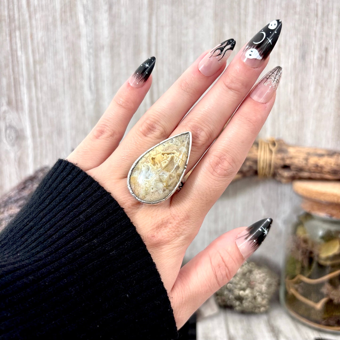 Fossilized Coral Crystal Ring Fine Silver Size 10 / Foxlark Collection - One of a Kind