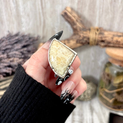 Fossilized Coral Crystal Ring Fine Silver Size 8.5 / Foxlark Collection - One of a Kind