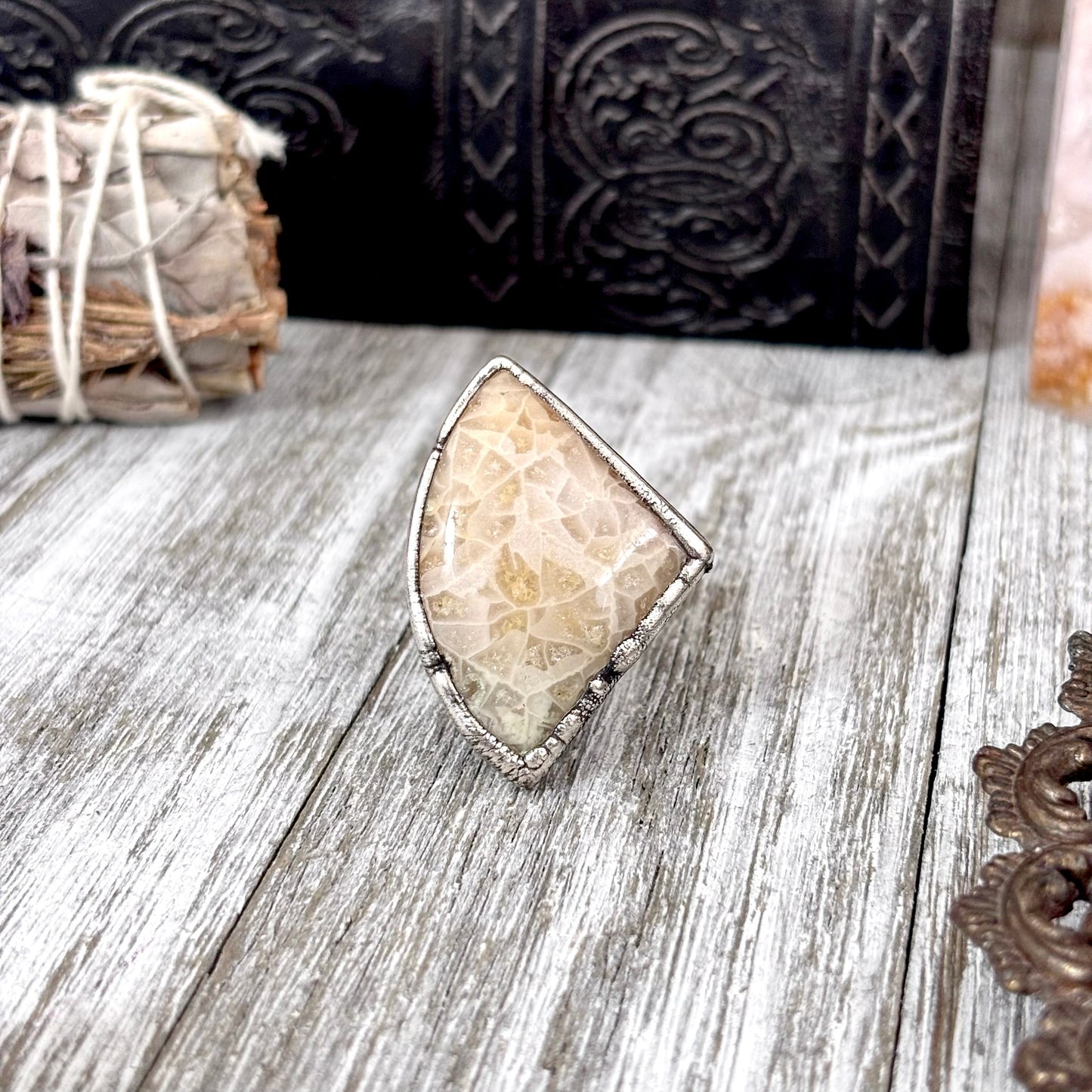 Fossilized Coral Crystal Ring Fine Silver Size 8.5 / Foxlark Collection - One of a Kind