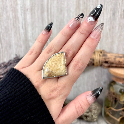 Fossilized Coral Crystal Ring Fine Silver Size 9 / Foxlark Collection - One of a Kind